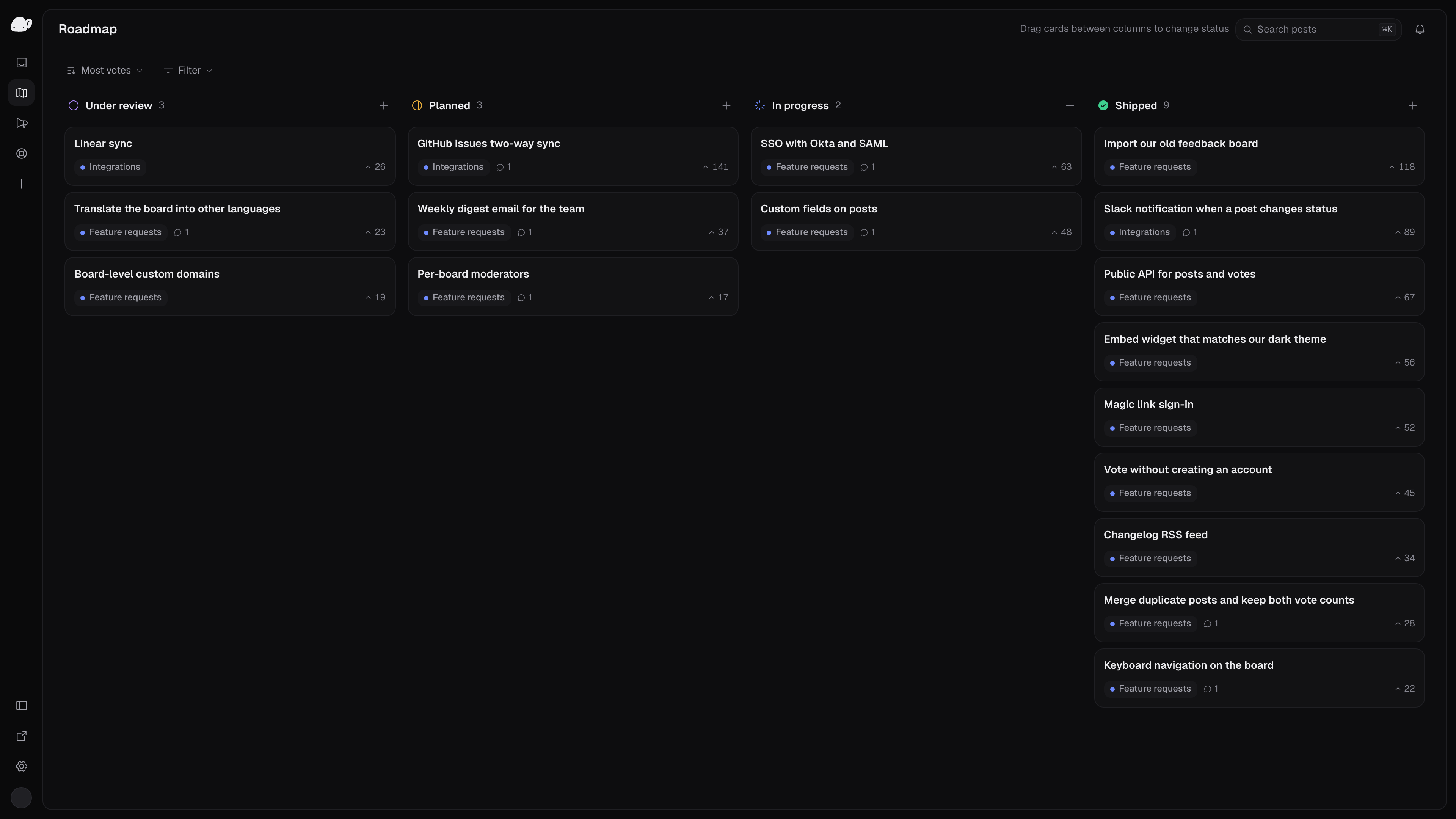Dashboard roadmap view with kanban columns for Planned, In Progress and Shipped