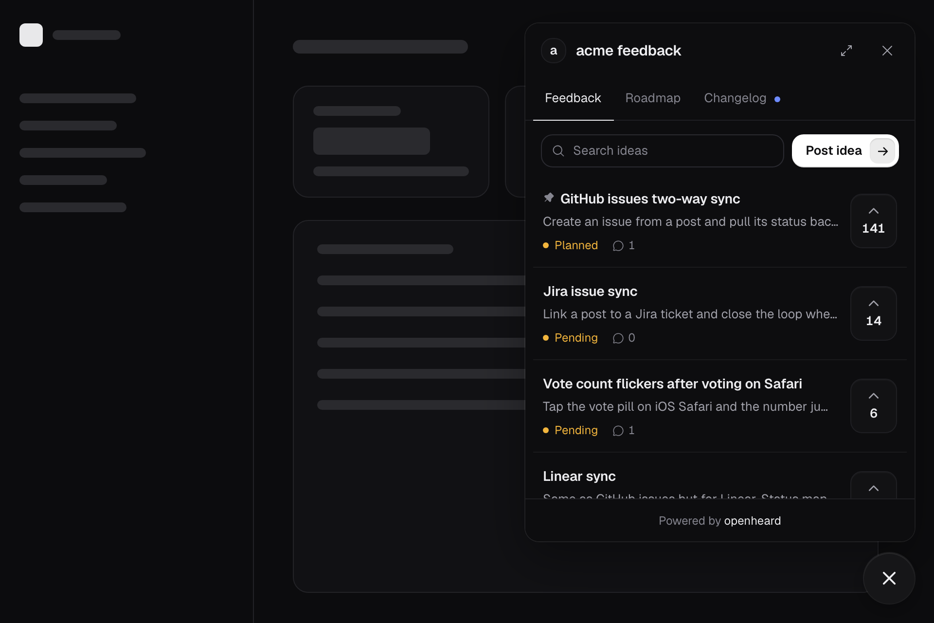 hearloop widget open over a web app, showing the Feedback tab with posts ranked by votes